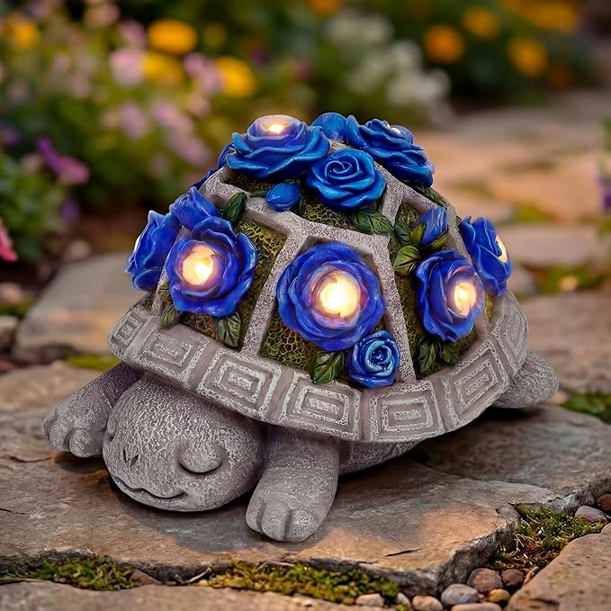 Solar Garden Outdoor Decor Turtle Statue with Dark Blue Roses & 7 LED Lights – Outside Tortoise Decor for Yard Patio Balcony & Backyard - Home House Decoration Art - Gift for Men Dad Women Mom