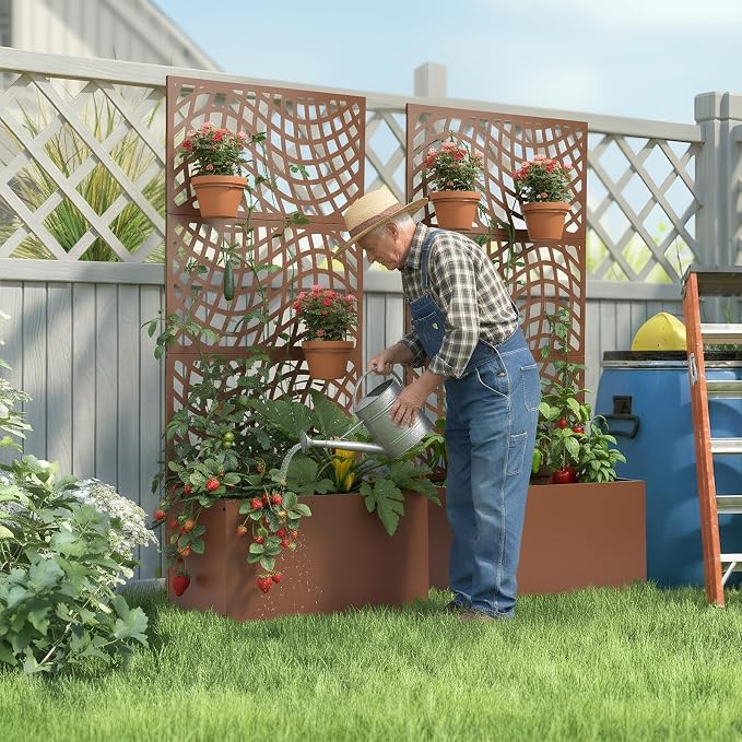 Outvita Metal Planter Box with Trellis, 71’’ x 32’’ x 16’’ Raised Garden Bed with Drainage Holes for Climbing Plants, Vegetables, Vines, Wavy Grid Cutout Privacy Planters for Patio (Brown)