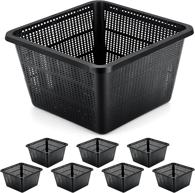 8 Pcs Aquatic Plant Baskets for Hydroponics Water Garden Plant Pots Black Plastic Mesh Basket 9 x 9 x 5.2 Inch Square Pond Containers for Island Live Aquarium Botany Flowers