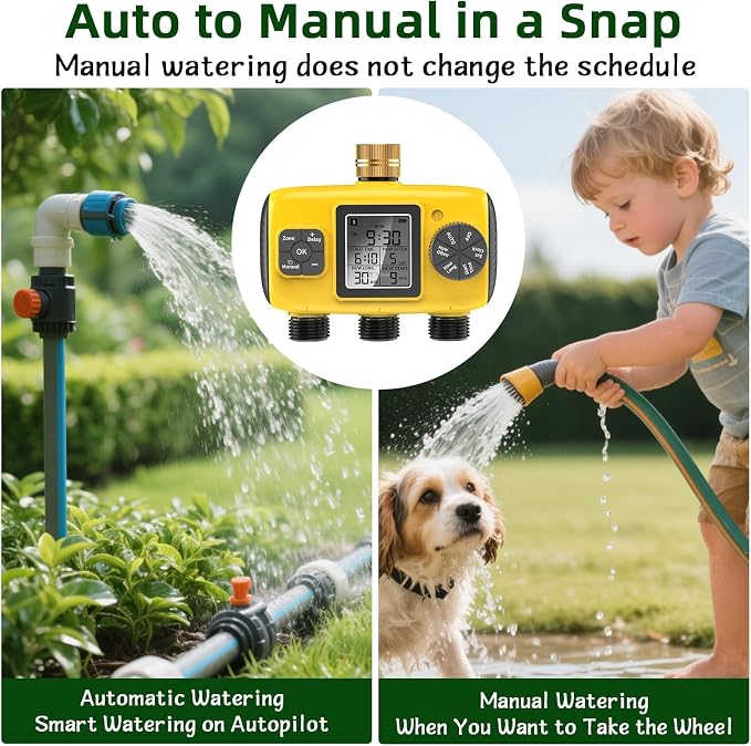 3 Zone Sprinkler Timer for Garden Hose,Garden Hose Timer with Brass Inlet,Programmable Automatic&Manual Irrigation System with LCD Display for Yard/Lawn/Pool,Rain Delay,IPX5 Waterproof