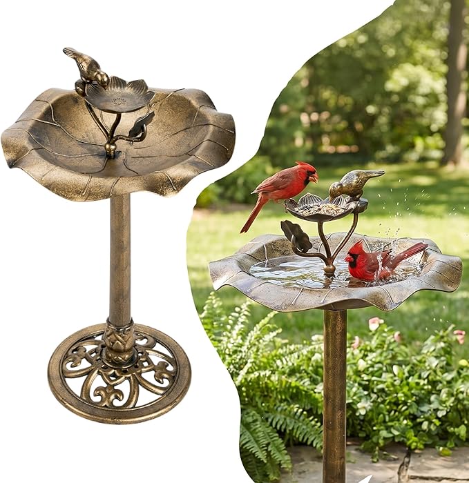 VINGLI Pedestal Bird Bath 28 Inch Antique Copper Resin Birdbaths Weather Resistant Floral Accents and Vintage Finish Garden Decor for Outdoor Lightweight Courtyard… (Copper-with Bird Feeder)
