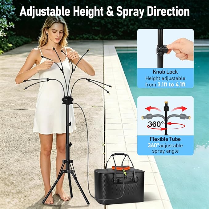Bonviee 5.3FT Standing Mister for Outside Patio, Portable Misting System with Adjustable Tripod, 5.8Gal/22L Water Tank, 5200mAh Rechargeable Pump & 8 Flex Arm Nozzles for Outdoor Cooling