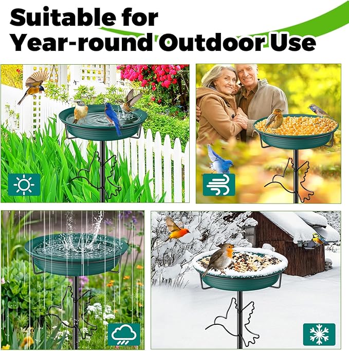 Bird Baths for Outdoors, Detachable Birdbaths for The Garden Clearance, Heavy Duty Freestanding Bird Baths, Bird Bath Bowl Spa & Birdfeeder with 5-Pronged Metal Stake Stand (Green-2)
