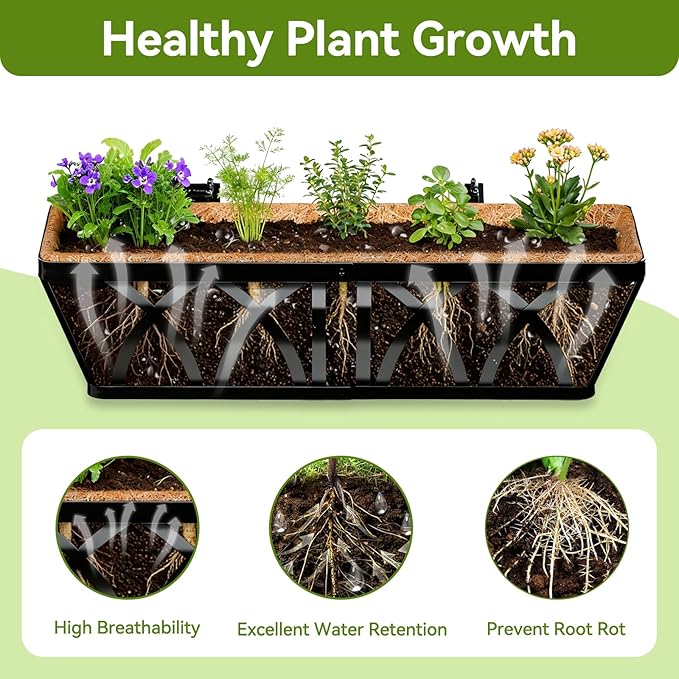Halatool 24 Inch Railing Planter Box, 2 Pack Window Boxes Planters, Balcony Flower Boxes with Coco Liner & Adjustable Brackets, Hanging Planter Box for Outdoor Fence, Deck, Porch & Garden