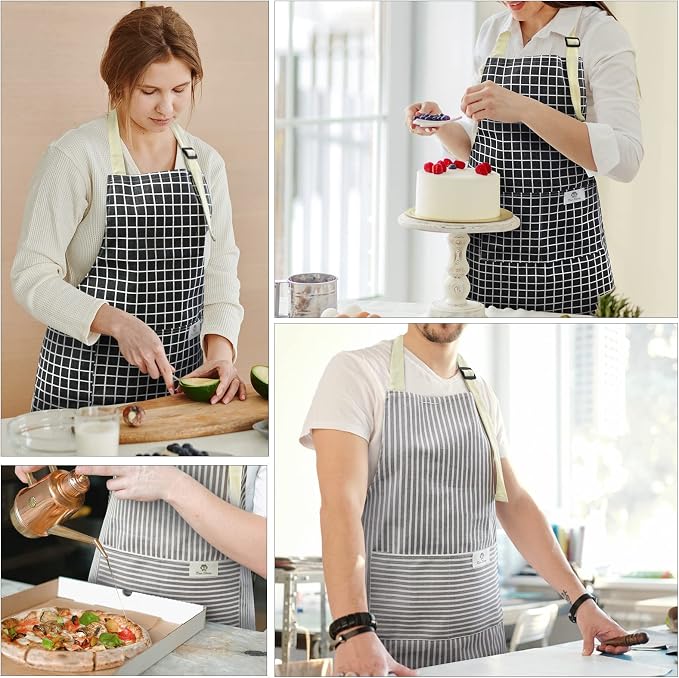 NLUS 2 Pack Kitchen Cooking Aprons, Adjustable Bib Waterproof Chef Apron with 2 Pockets for Men Women(Grey Stripe/Black Plaid)