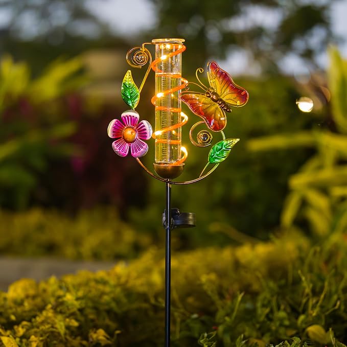 Rain Gauge Outdoor, Solar Rain Gauges for Yard, Butterfly Freeze Proof Rain Gauge with 7" Plastic Tube, Metal Decorative Water Gauge with Led Light