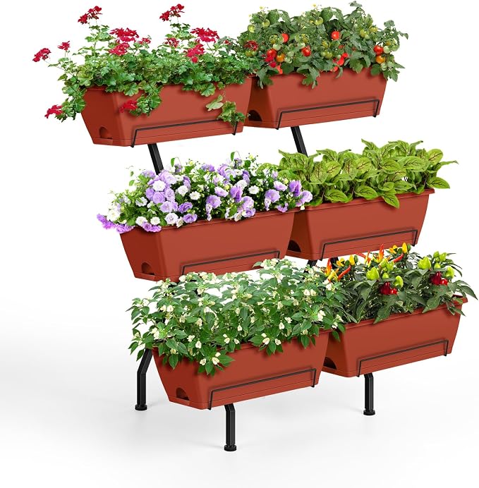 Raised Garden Beds Vertical Garden Planters Indoor Outdoor Standing Raised Planter Box with Legs, Plastic Raised Bed Tiered Planter Boxes Elevated Herb Flower Beds for Vegetables, Balcony, Patio, Red