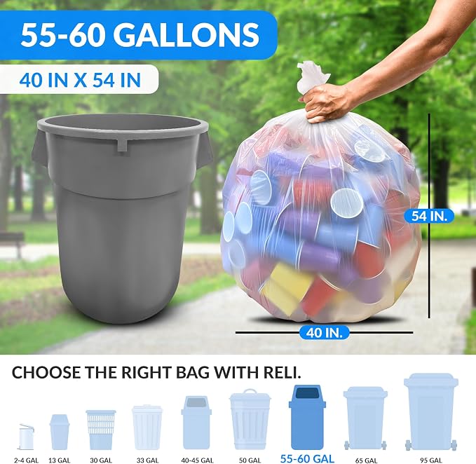 Reli. 55-60 Gallon Trash Bags Heavy Duty | 50 Trash Bags with Ties | Super Sizeable, Clear, Serious Garbage Cleanup