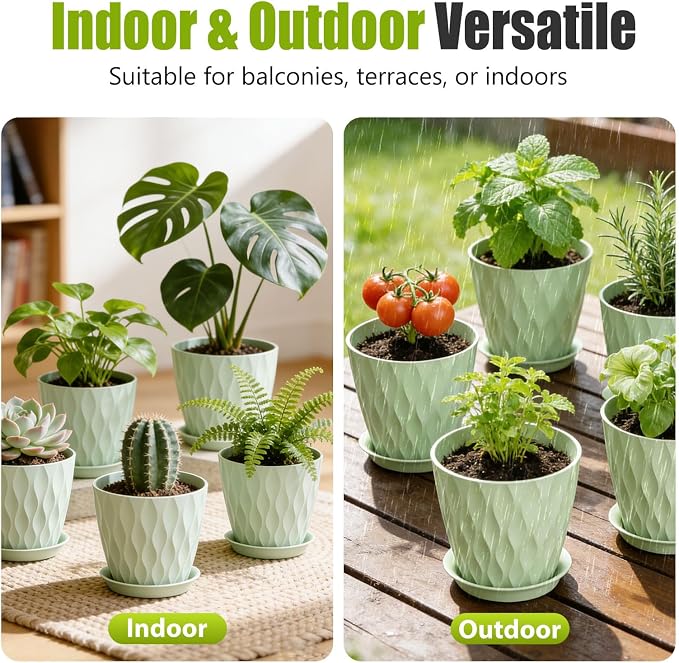 8 Inch Plastic Plant Pots,Set of 5 Flower Pots,Planters with Drainage Holes & Saucers, Indoor Outdoor Garden Pots for Home Decor(Green)