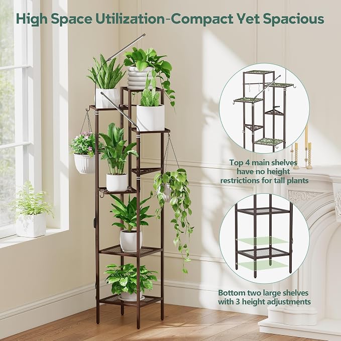 Quikraen 8 tiers Metal Plant Stand with Grow Lights, Tall Lighted Corner Plant Shelf for Indoor Plant Growing,Flower Pot Holder, Plant Rack for Home Decor, Patio (Brown)