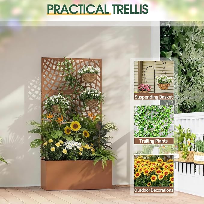 VINGLI 71"H Metal Raised Garden Bed with Trellis, Outdoor Planter Box for Climbing Vegetables, Fruits and Flowers, Privacy Screen, for Backyard, Patio, Balcony (Brown)