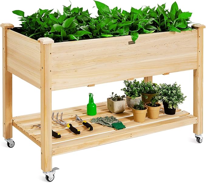 Giantex Raised Garden Bed on Wheels, Wood Planter Box with Legs, Liner, Drain Holes, Elevated Garden Bed for Vegetables, Standing Garden Container for Backyard, Patio, 47.5" LX 23.5" WX 33" H