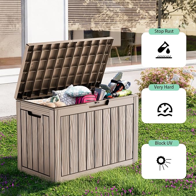 55 Gallon Outdoor Waterproof Storage Box, UV Resistant Resin Deck Box with Built-in Handle, Outdoor Storage Container for Patio Furniture, Garden Tools, Patio Cushions, Grey