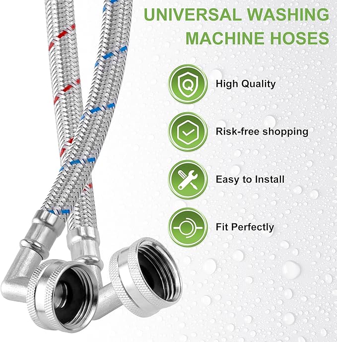 Washer Hose 6ft,Stainless Steel Washing Machine Hose 6 Foot with 90 Degree Elbows 2 Packs Braided Premium Washer Hoses Supply Lines-Hot and Cold Striped Water Connection-by MIFLUS,10 YEARS WARRANTY