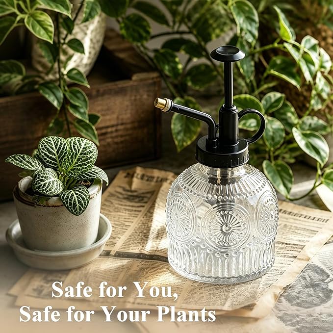 Amolliar Glass Plant Mister Spray Bottle, Vintage Refillable Leak Proof Watering Can for Indoor Plants, Houseplants, Gardening, Cleaning, Hair & Pet Care with Mist Nozzle (Clear-Black Pump)