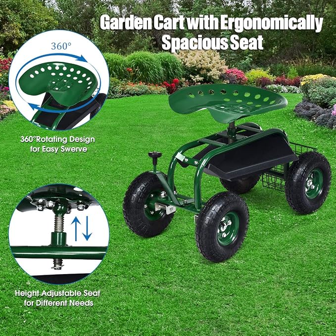 IRONMAX Garden Cart with Seat, Gardening Rolling Stool Scooter with 10’’ All-Terrain Wheels, Convenient Pull Handle & Tool Tray and Basket for Outdoor Planting (Green)