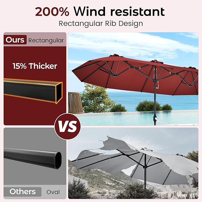 DomeShade 15ft Red Patio Umbrella with Base Included,Rectangle Double Extra Large Table Umbrella Outdoor Giant Umbrella for Porch Pool Lawn Deck,Market,Backyard Outside,Burgundy Red