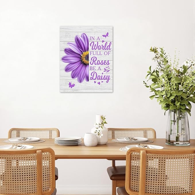LB Purple Daisy Floral Canvas Wall Art Farmhouse Flower Funny Inspirational Quote Framed Art Prints Rustic Butterfly Wall Decor for Bedroom Living Room Bathroom Kitchen Home Office,20Lx16W inch