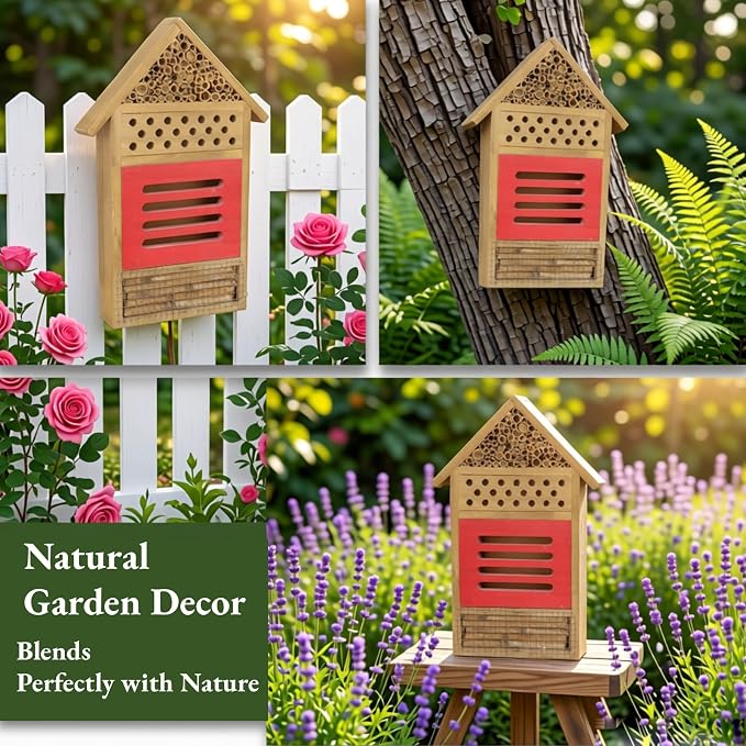 AUNMAS Wooden Bee House, Attracts Pollinators with Tubular Tunnels, Durable Platane Wood Garden Decor, 19.5x3.8x29.8cm Humidity for Bees