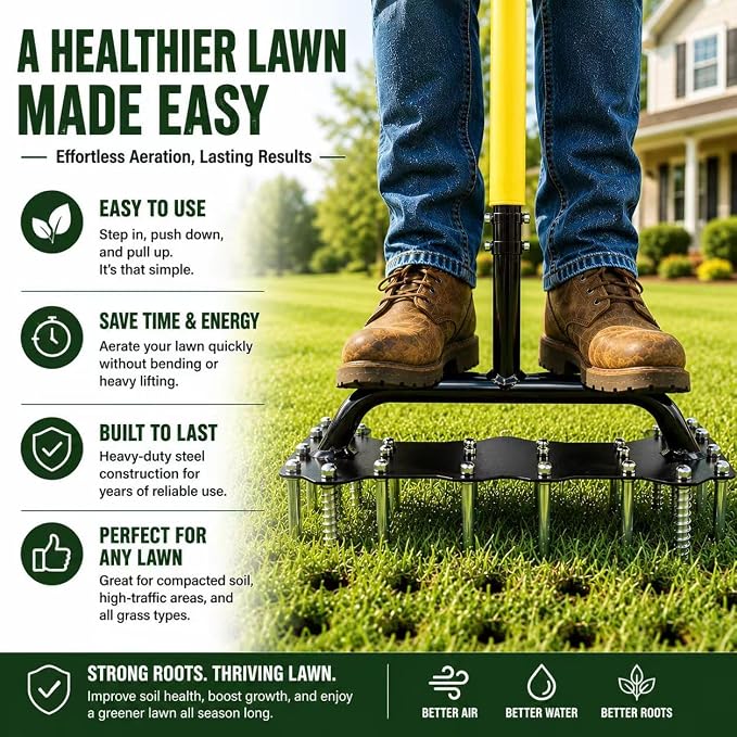 Manual Lawn Aerator Tool – Pre-Assembled 16-Spike Yard Aerator with Ergonomic T-Handle, Double-Spring Auto Dirt Clean, Heavy Duty Steel Grass & Soil Aerator for Lawn Aeration