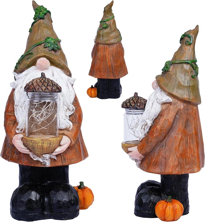 Topadorn Lighted Fall Gnome with Acorn Jar LED Figurine – Resin Harvest Gnome Statue, Thanksgiving Autumn Table Decor for Home, Patio & Tiered Tray