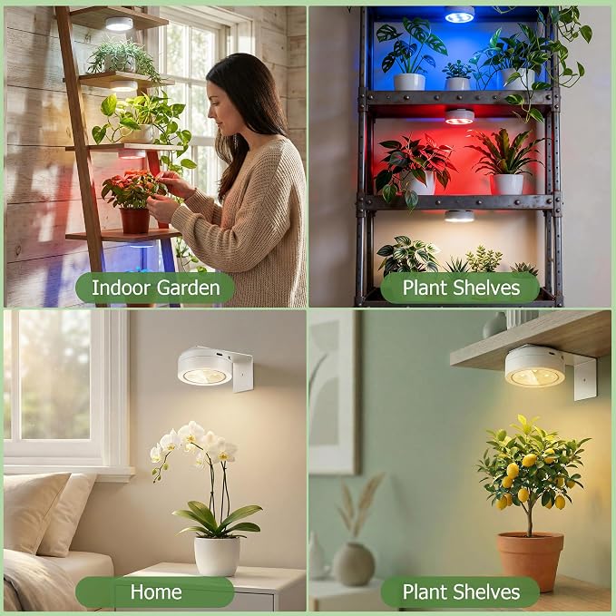 2 Pack Rechargeable Battery Grow Light, Full Spectrum Indoor Cordless Plant Light with Timer & Remote, Stepless Dimming,Type-C Charging 2000mAh,Wireless Magnetic Puck Plant Lights for Indoor Growing
