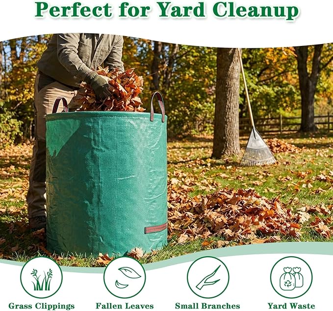 FEED GARDEN 72 Gallon Reusable Yard Waste Bags, 3 Pack Heavy Duty Garden Waste Bags with Plastic Ring, Stand Upright Lawn & Leaf Bags with 4 Reinforced Handles, Includes Gardening Gloves