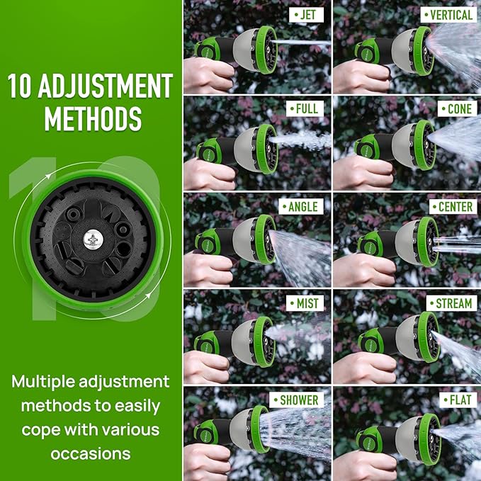BIBURY Water Hose Nozzle Sprayer, Hand Sprayer with 10 Watering Patterns and On Off Valve Thumb Control, High Pressure Garden Hose Spray Nozzle for Watering Plants, Car Wash and Showering Pets (Green)
