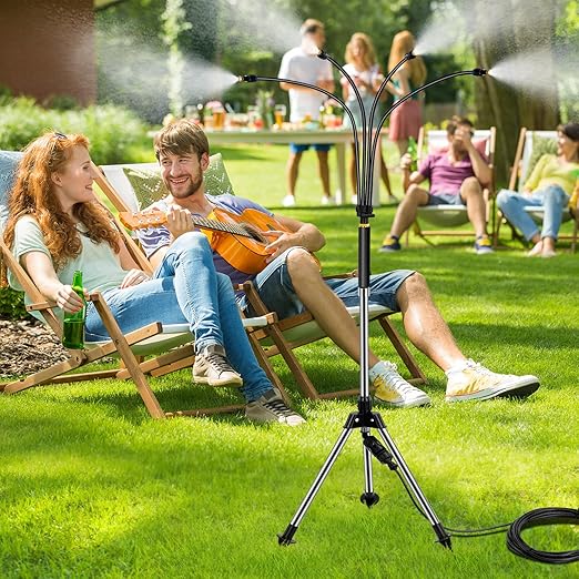 Misters for Outside Patio, Adjustable 4.1FT Standing Misting Cooling System with 26.2FT (8M) Water Supply Line， Outdoor Water Mist Hose for Cooling Backyard Garden Pool Tanning BBQ Kids Playing