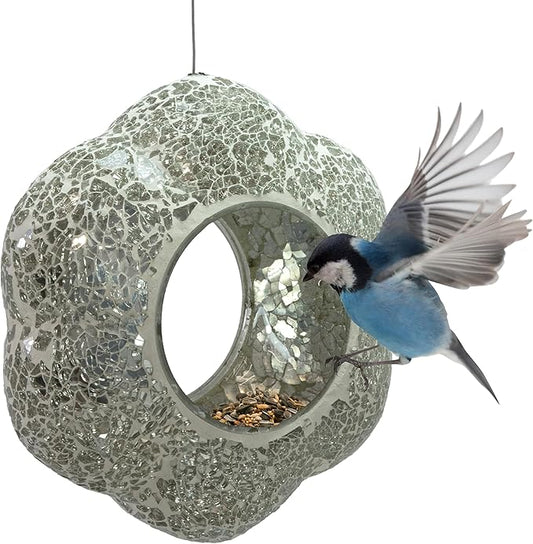 Sunnydaze 10-Inch Glass Mosaic Hanging Bird Feeder for Outdoors - Fly-Through Glass Bird Feeder for Cardinals, Jays, Finches and More - Mirrored Diamond Flower