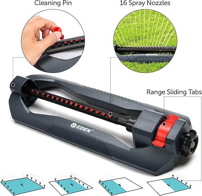 Eden 96213EDAMZ Weighted Essential Oscillating Sprinkler | Covers Up to 3,600 sq. ft., 16 Precision Nozzles, Adjustable Range, Turbo Drive Motor, Quick Connect Bundle, Stainless Steel Filters, Black