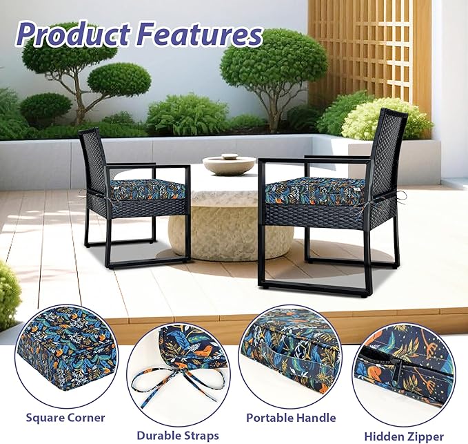 IPYNBAP Outdoor Chair Cushions Set of 4 -Waterproof Outdoor Seat Cushions for Patio Furniture, Patio Chair Cushion with Handle and Ties, Out Door Chair Pads,17x16x2-Square, Black Nightingale
