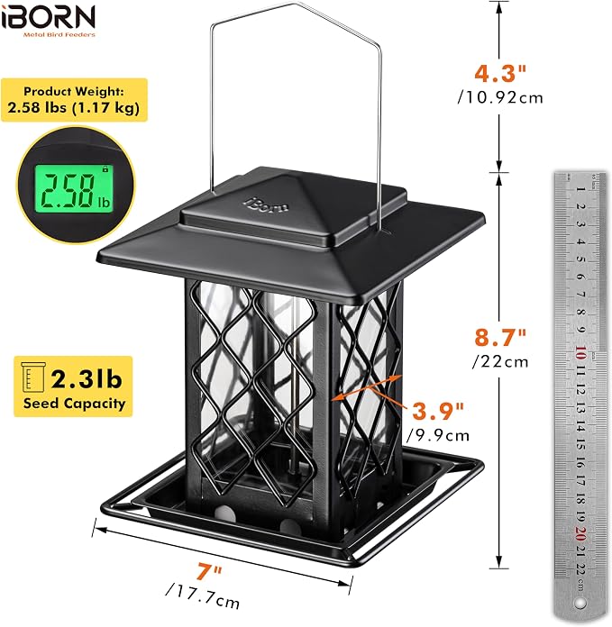 iBorn Bird Feeders for Outdoors, Metal Bird Feeder, Wild Bird Feeders for Cardinal, 2.4LBS Capacity,18cm Large Roof, Lantern Style, Black