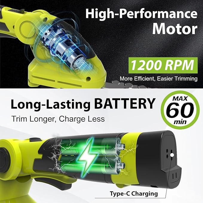 Grasstigon Hedge Trimmer Cordless Grass Shear Handheld Grass Trimmer, 2 in 1 Electric Bush Trimmer, 7.2V Lightweight Rechargeable Shrub Trimmer for Garden Yard Lawn, Type-C Cable Included (Green)