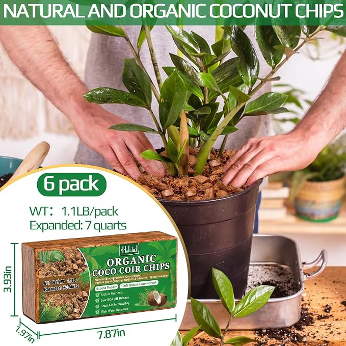 Halatool 6 Pcs Coco Husk Chips for Plants - 6.6 LB 100% Organic Coconut Coir Chips with Low EC and pH Balanced, Compressed Coco Substrate Growing Mulch Medium for Landscaping, Herbs, Plants, Flowers