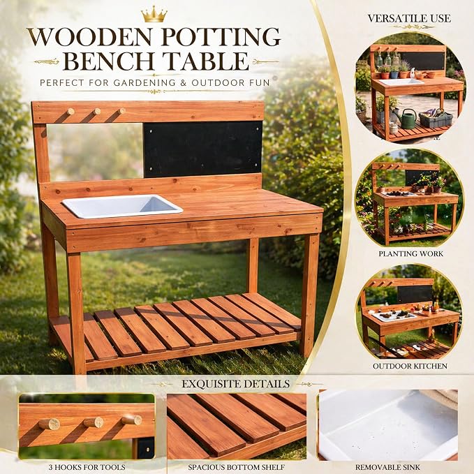 Wooden Potting Bench with Chalkboard, Removable Basin, Storage Shelf and Hooks, Outdoor Garden Work Table,Educational Gardening Tools, Natural Wood Finish (Paint Red)