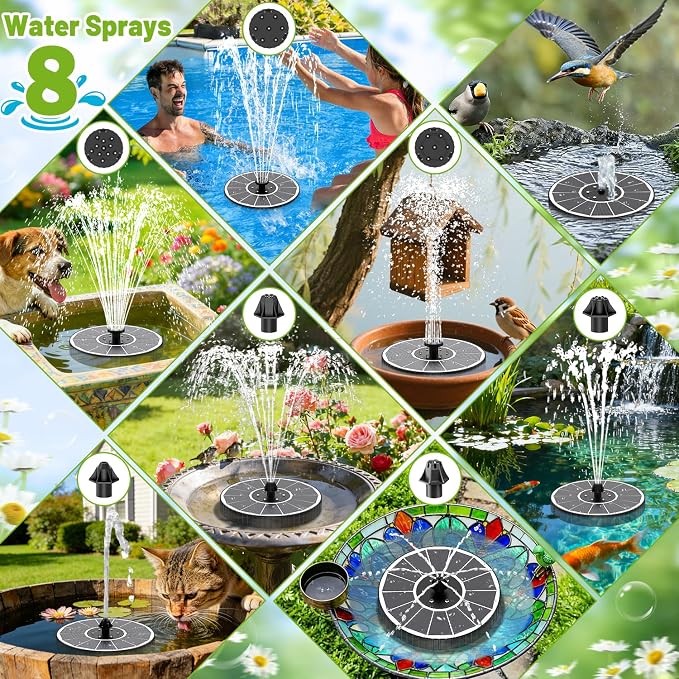 Solar Fountain with 3 Spray Height, Colorful Led Lights, 3.5W Glass Solar Bird Bath Water Fountain with 2000mAh Battery, 4 Rotating Rods and 7 Nozzles for Hummingbird Bathing, Outdoor Decor