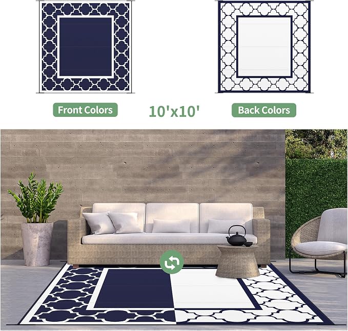 GENIMO 10 ' x 10 ' Outdoor Rug Waterproof for Patio Decor, Foldable Reversible Plastic Straw Area Rugs Mat for Camper, Outside Carpet for Rv, Deck, Porch, Picnic, Beach, Balcony, Blue & White