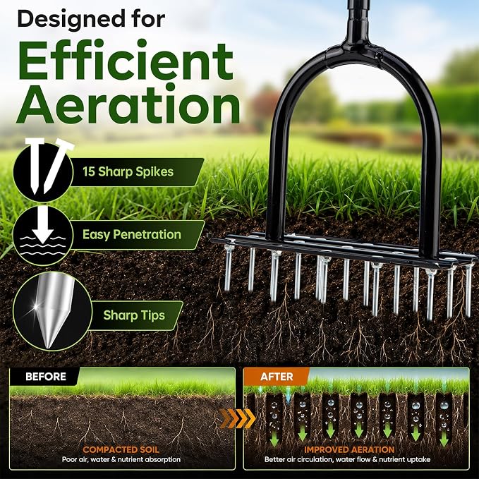 Lawn Aerator - 2-in-1 Manual Aerator with Automatic Dirt and Leaf Clean, Heavy-Duty Reinforced 15 Spikes & Ergonomic T-Handle for Lawn Maintenance, Garden Care, Yard Work (Black)