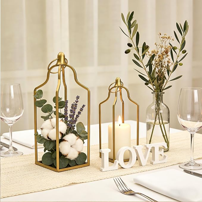 Rustic Farmhouse Decor Metal Lantern Set of 2 Decorative Lanterns for Home Indoor Outdoor Living Room, Fireplace, Patio, Wedding & Kitchen Table Centerpieces (Glod, 14.5" 12.2")