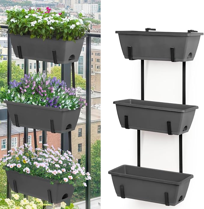 OYEAL Deck Railing Planter Boxes Set of 2 Over Fence Planters for Outdoor Plants, Hanging Window Planter Boxes with Adjustable Brackets, 6 Plastic Flower Boxes, Grey