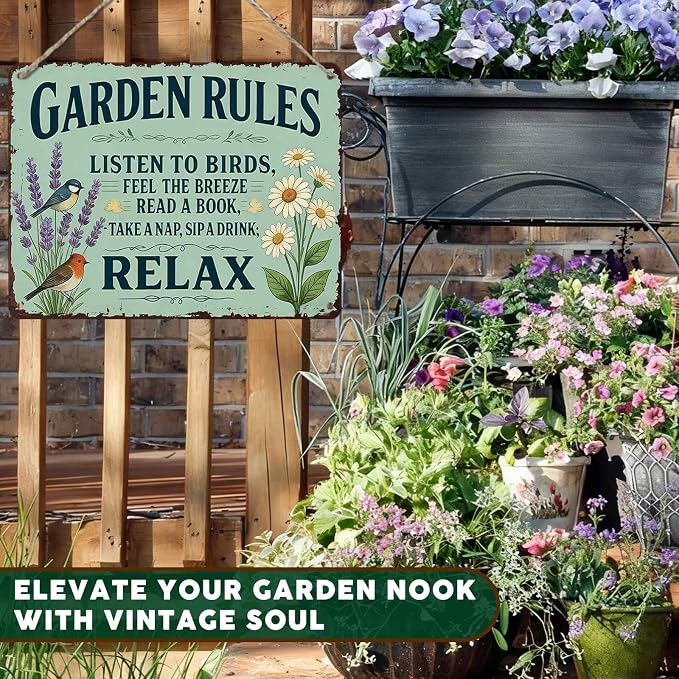 PEACHGARDEN Garden Rules Decor Yard Art Garden Wall Art Decor Vintage Metal Sign Rustic Tin Sign for Patio She Shed Backyard 12x16 inch