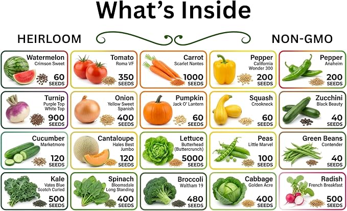 36 Pack Heirloom Vegetable & Herb Seeds 40,000 Count - Grown in USA Non-GMO Seeds for Planting Vegetables: B&KM Farms Premium Mylar Seed Packets Digital Growers Guide & Recipe Booklet