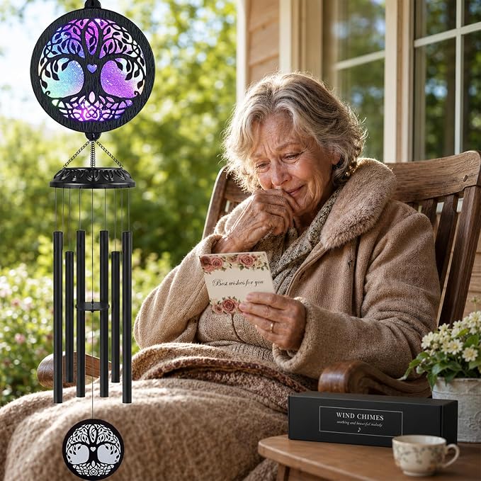 FSVGYY Memorial Wind Chimes for Loss of Loved One, Sympathy Wind Chimes Outdoor Waterproof with Solar LED Tree of Life, Bereavement Remembrance Funeral Gift for Mom Dad Family Garden Patio Decor