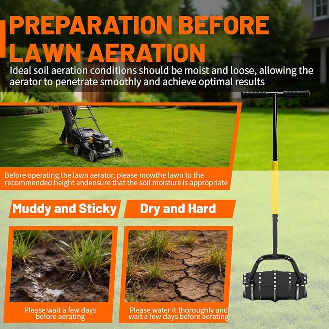 Standing Lawn Aerator with 17 Spikes, 39.37" Carbon Steel Soil Aerator Tool Wide 11.8"x4.72" Base & Includes Gloves for Effortless Soil Loosening and Yard Aeration