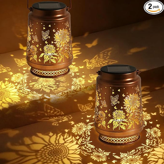 2 Pack Sunflower Solar Lanterns Outdoor Waterproof, Garden Decor Birthday Gifts for Women Mom Grandma Sister, Metal Hanging Solar Lights Outside Decorative for Backyard Patio Lawn Pathway Landscape
