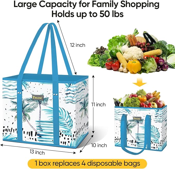 BALEINE 6Pk Reusable Grocery Bags, Foldable Shopping Bags for Groceries with Reinforced Bottom & Handles (Island Breeze)