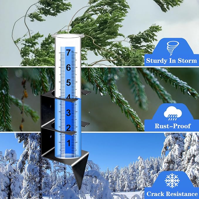 Rain Gauge Outdoor, 7" Capacity Rain Gauge Outdoors Best Rated with Stainless Steel Mounting Rack Holder, Freeze Proof Plastic Large Rain Gauge for Yard Garden Fence Lawn Patio Farm