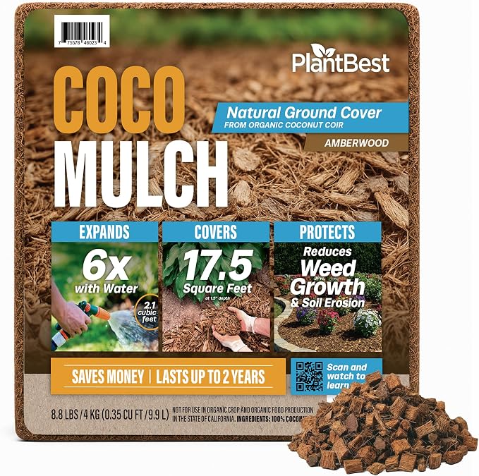 PlantBest Coco Mulch Compressed Block 9.1 lb – Expands to 64 Quarts and Up to 17.5 Sq. Feet, Organic Coconut Mulch for Landscaping, Garden Beds, Trees, Plants & Weed Control