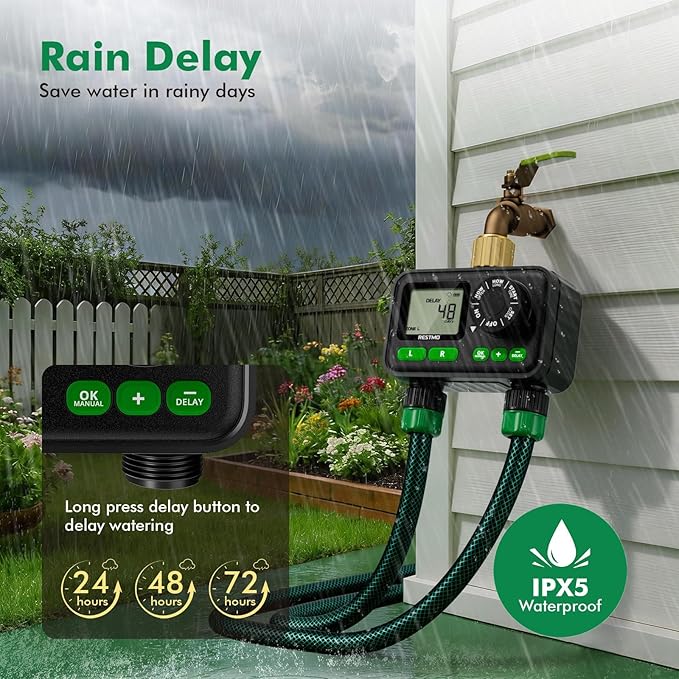 RESTMO 2 Zone Programmable Sprinkler Timer for Outdoor Hose Faucet, Automatic Irrigation Timer with Brass Inlet & Large Dial, Rain Delay, 11h59m Max Run Time, for Garden Soaker Hose, Lawn Watering